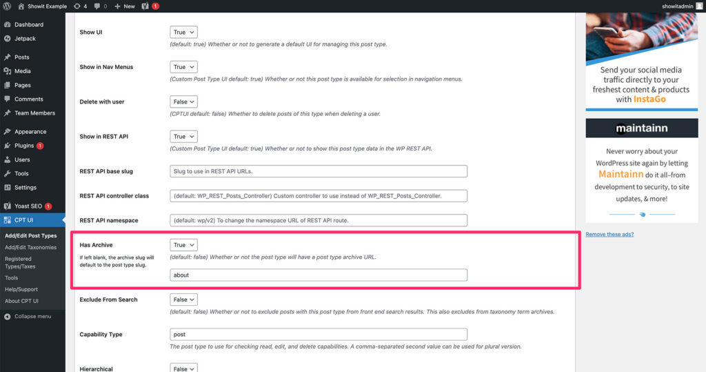 Has Archive settings on CPT UI