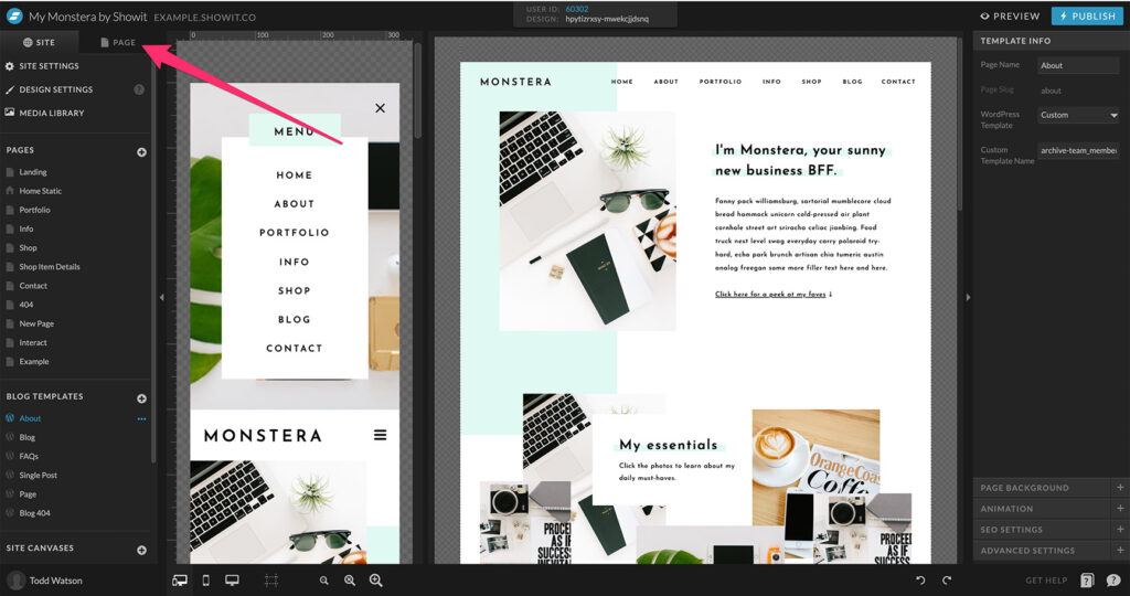 Select page tab on Showit app
