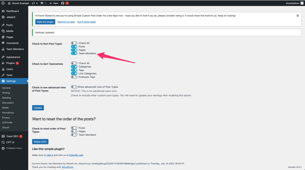 Turning on Simple Custom Post Order for our Custom Post Type on Showit