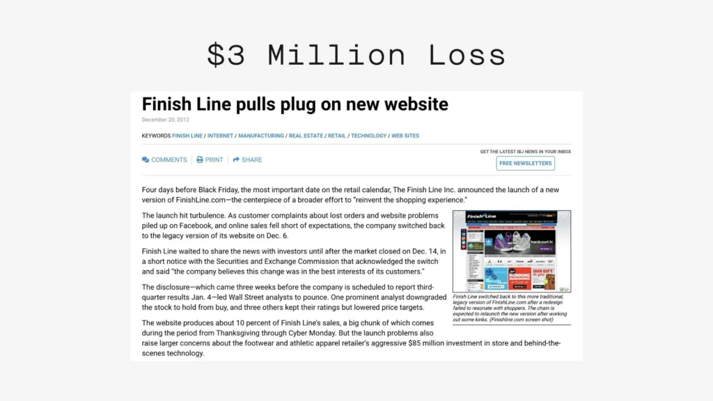 Finish line news article outlining their $3 million loss